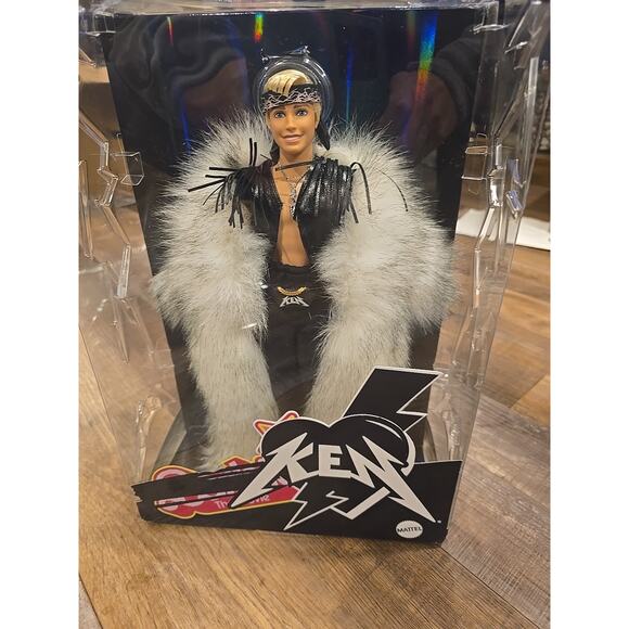 Barbie The Movie Ken Doll in Faux Fur Coat Black Fringe Vest Mattel New In Box - Picture 1 of 7